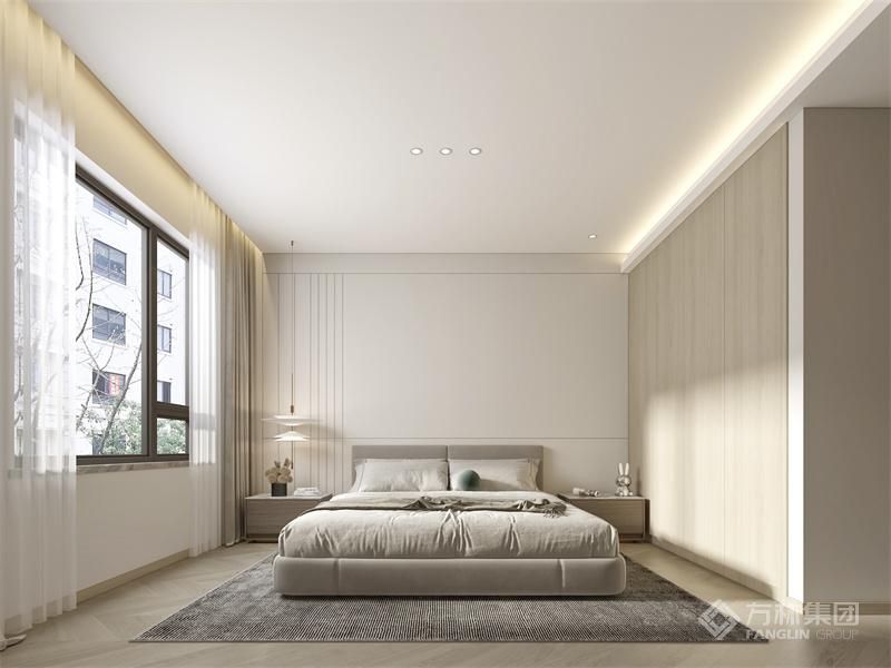 这是一个温馨而富有个性的卧室设计。床头背景墙面的抽缝设计，增添了独特的纹理与立体感，成为卧室的视觉焦点；吊灯散发着柔和的光芒，营造出浪漫而惬意的氛围；