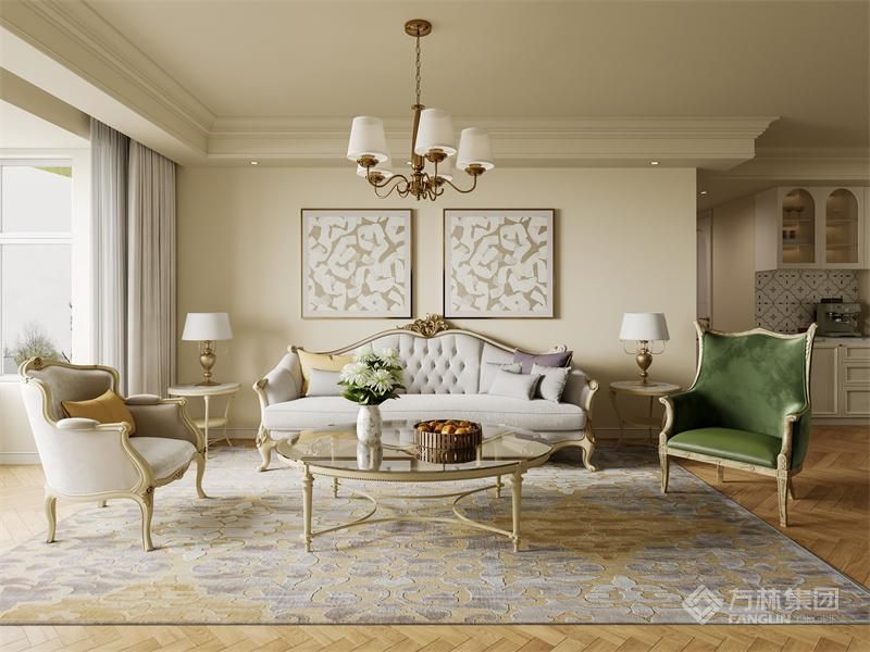 墙顶一体奶白色墙漆通刷，喜欢肌理感的可以换成艺术漆，墙面会更加细腻，配合人字拼木地板，也能营造出高级优雅的轻法气息