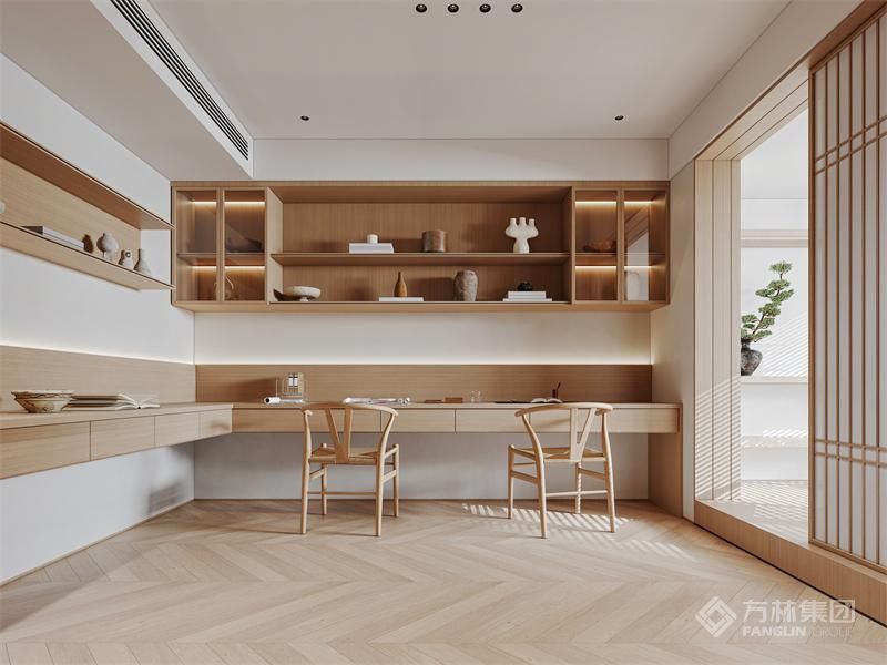 书房墙面适当留白，做了一些置物格增加书本储物功能