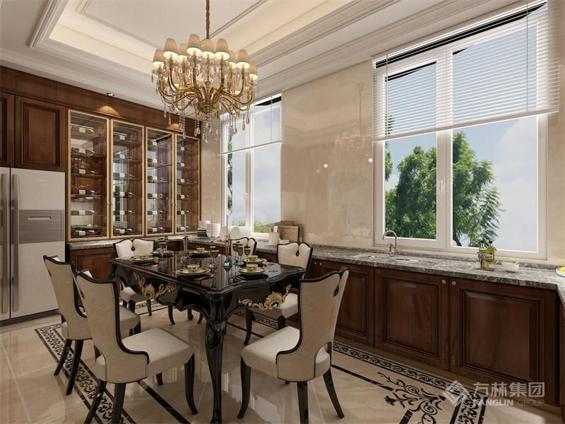 餐厅主要以墙白色、银灰色、咖啡色的色调搭配,白色的餐厅门搭配咖啡色的餐厅桌椅,呈现出简洁、冷峻、时尚,但也使缺少生活气息,有强烈的距离感。而餐厅的背景墙装饰画将整个空间点亮,鲜明的色彩,融入温馨的暖色